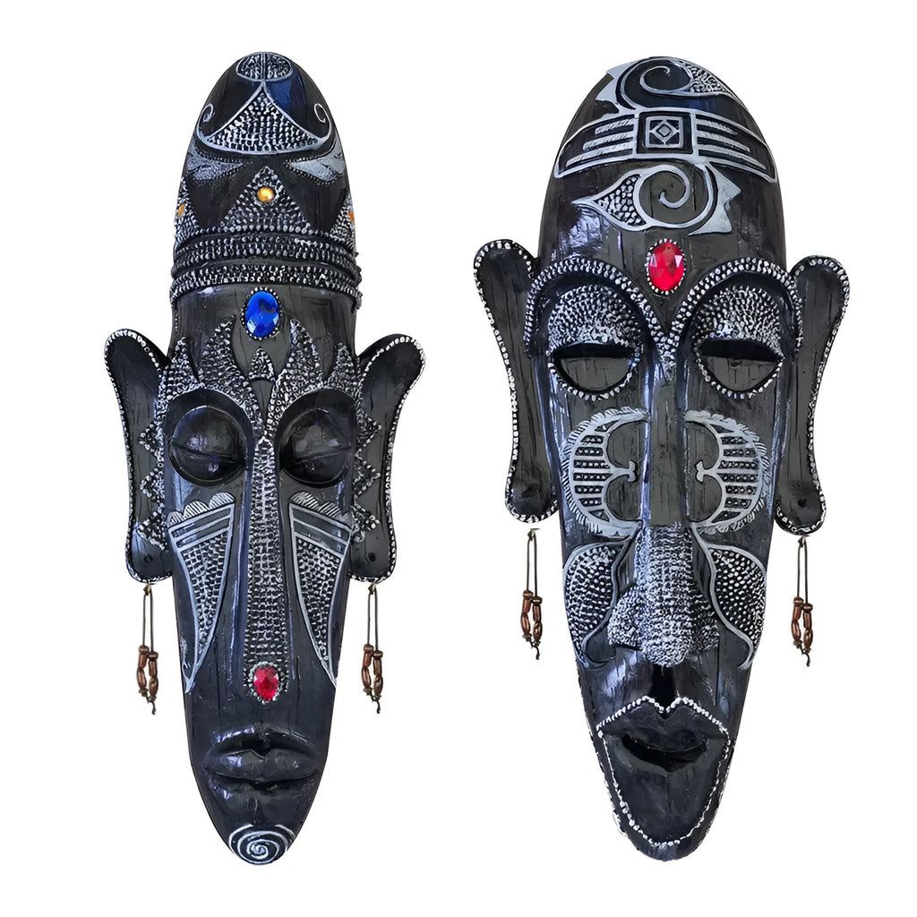 Aqumotic large resin tribal mask wall decor in retro style, 14 inches tall, polished finish, African black face mask mural