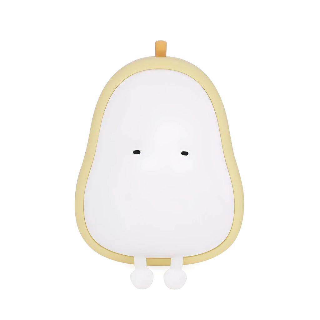 Yali warm yellow silicone pear night light on a wooden bedside table.