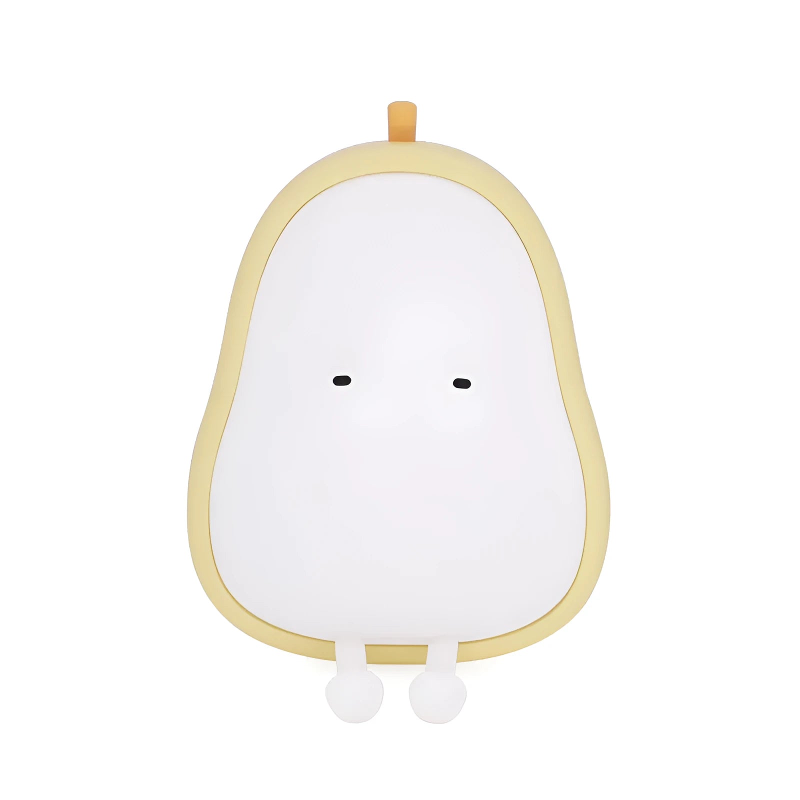 Yali warm yellow silicone pear night light on a wooden bedside table.