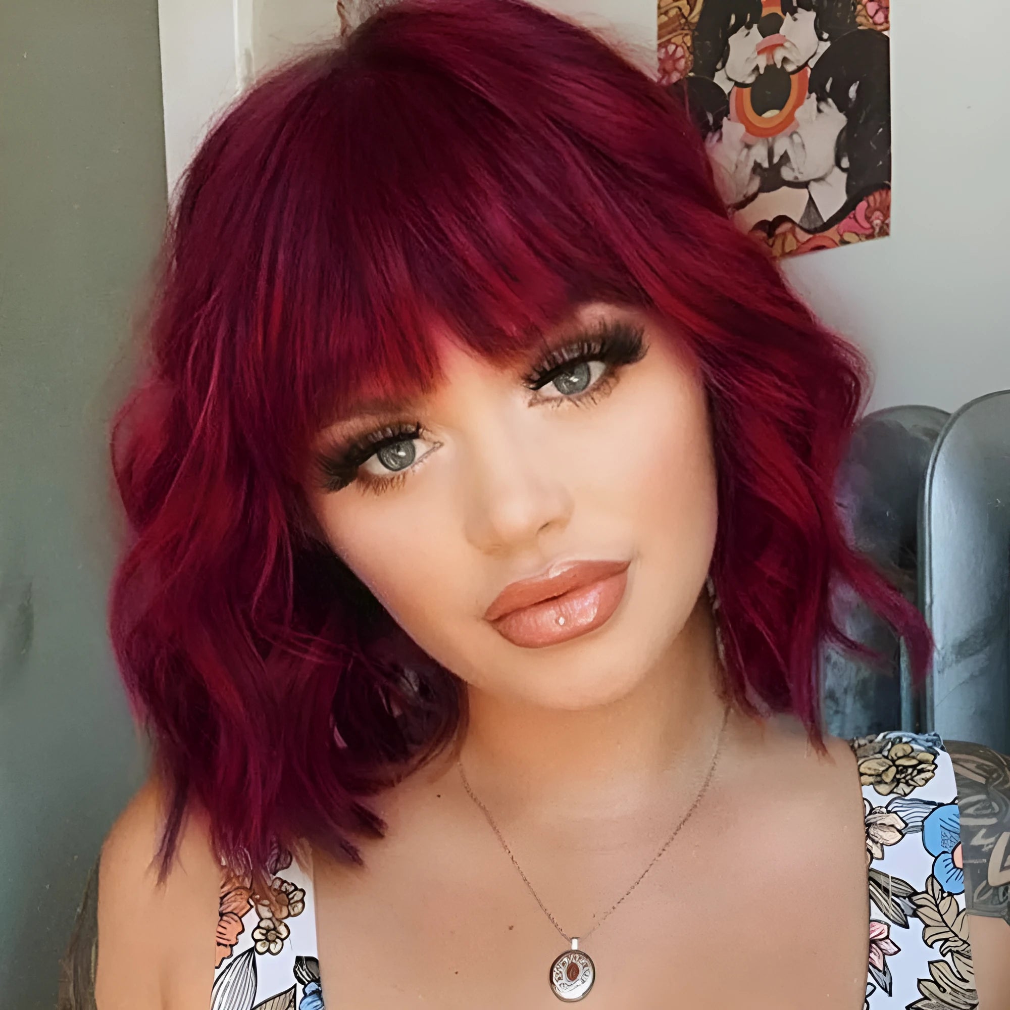 Short curly wig set for ladies Wine Red colour high temperature wire Qi bangs realistic natural look