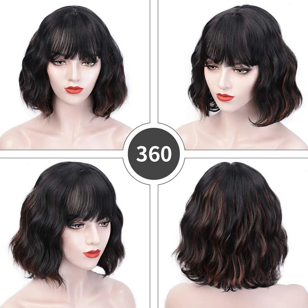 Short curly wig set for ladies Wine Red colour high temperature wire Qi bangs realistic natural look