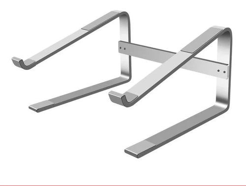 Silver aluminium alloy laptop stand with adjustable height shown at 45-degree angle