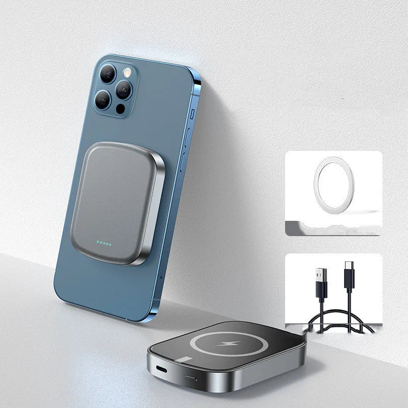 Blue MagSafe-compatible wireless power bank showing magnetic charging surface and compact 70x60mm dimensions
