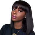 Black human hair wig with short to medium 10inch length on display stand