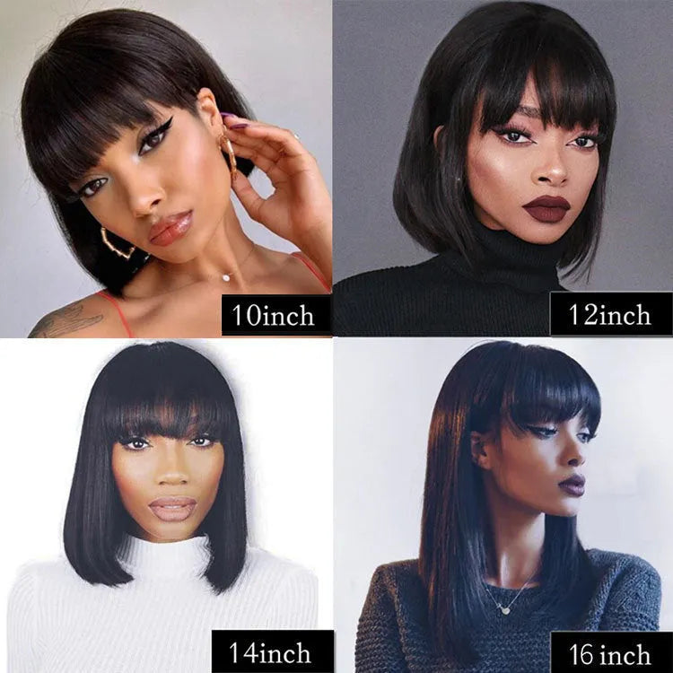 Black human hair wig with short to medium 10inch length on display stand