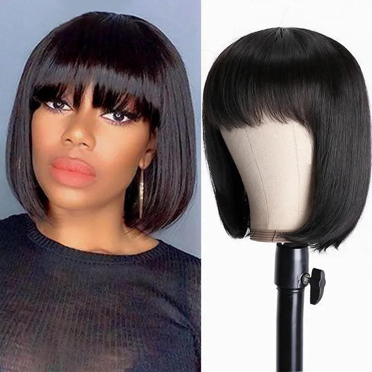 Black human hair wig with short to medium 10inch length on display stand