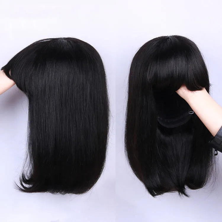 Black human hair wig with short to medium 10inch length on display stand