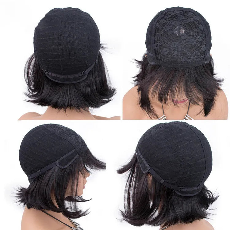 Black human hair wig with short to medium 10inch length on display stand