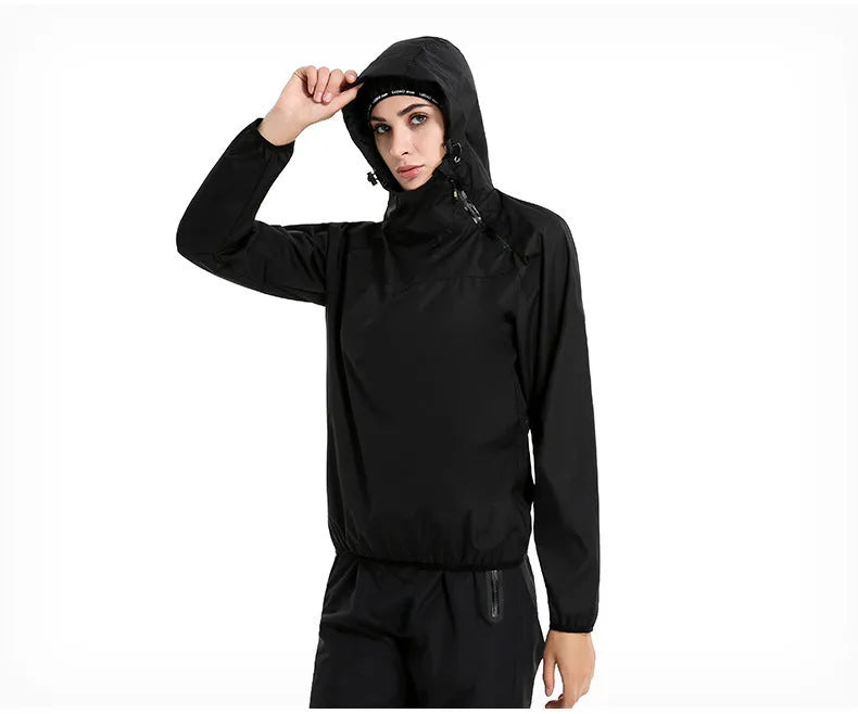 Women's running sports suit with black tights and sweatshirt in polyester fabric