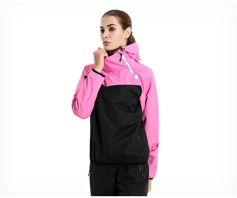 Women's running sports suit with black tights and sweatshirt in polyester fabric