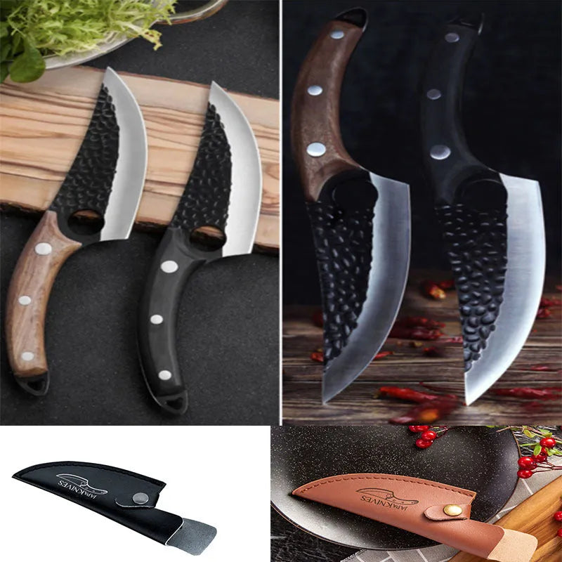 Small curved scimitar slaughter knife with leather sheath for pig butchering