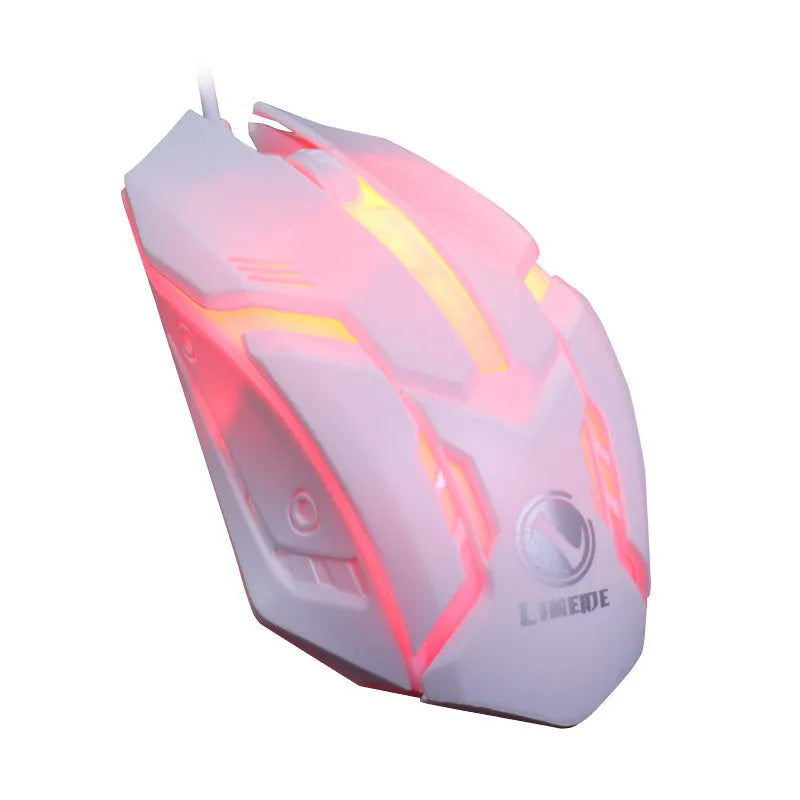 Black and white luminous wired optical mouse with USB cable on a desk