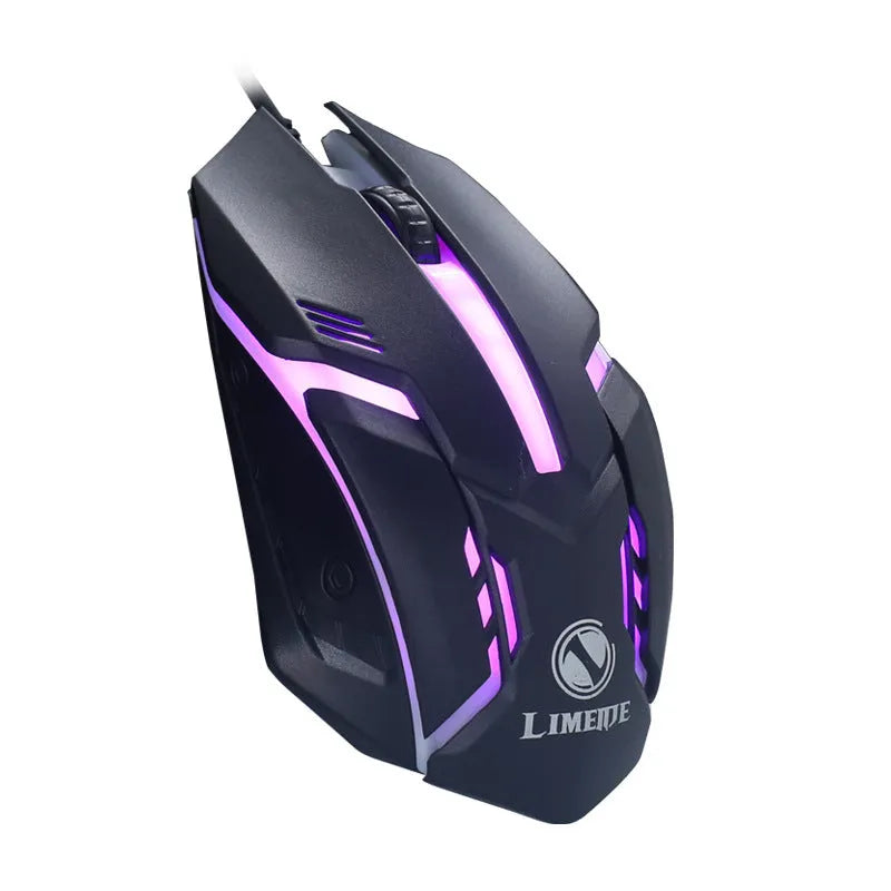 Black and white luminous wired optical mouse with USB cable on a desk