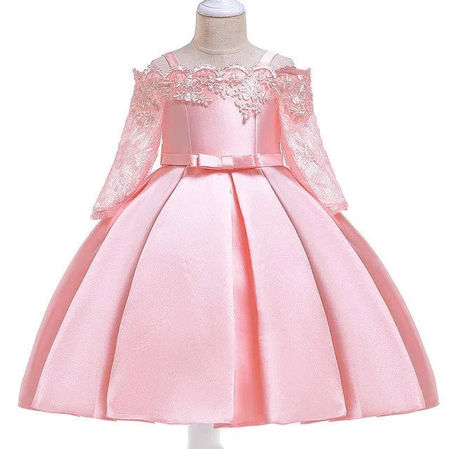 Girls lace trim dress in polyester fibre available in deep red, pink, red, white, and green colours