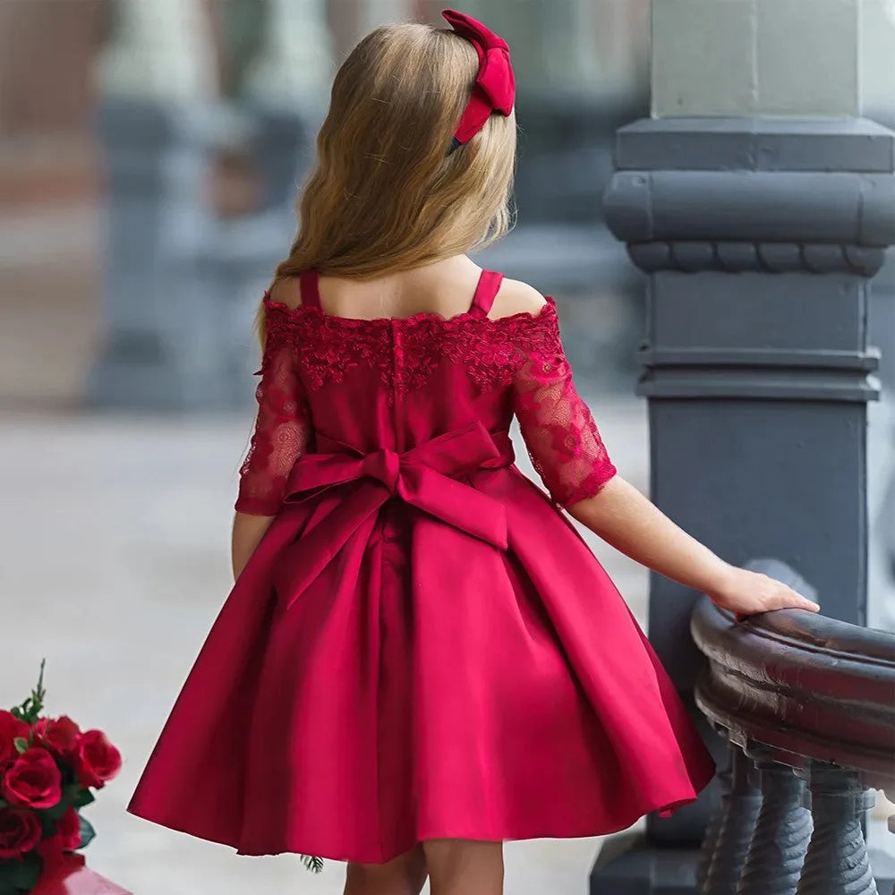 Girls lace trim dress in polyester fibre available in deep red, pink, red, white, and green colours