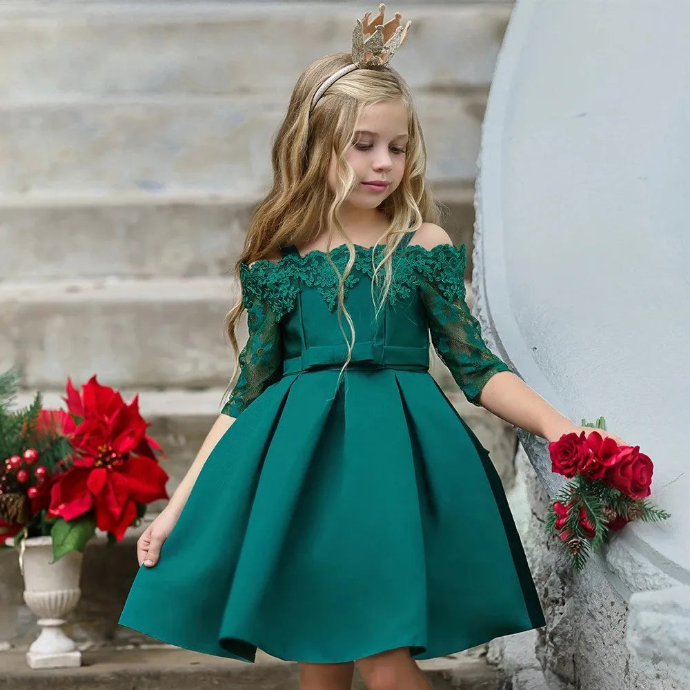 Girls lace trim dress in polyester fibre available in deep red, pink, red, white, and green colours