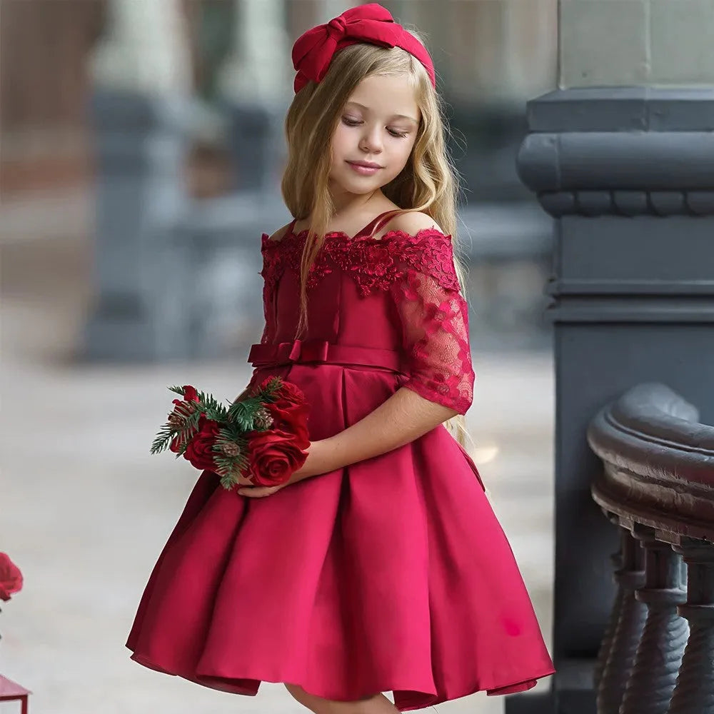 Girls lace trim dress in polyester fibre available in deep red, pink, red, white, and green colours