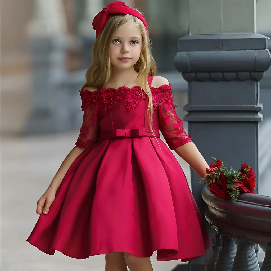 Girls lace trim dress in polyester fibre available in deep red, pink, red, white, and green colours