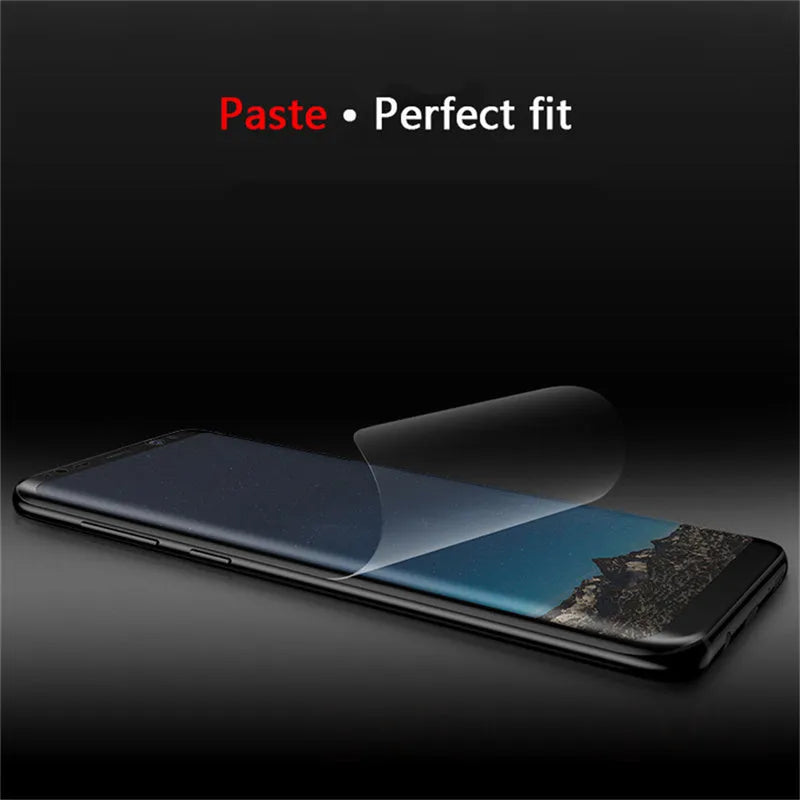 Purple light hydraulic film screen protector for curved Samsung Galaxy phone.