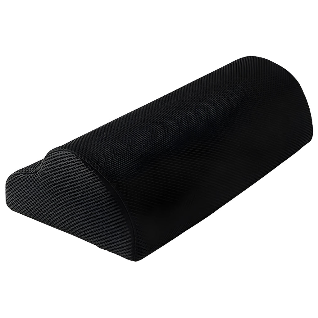 Semi-circular black foot rest pillow 40x20x10cm on floor under desk