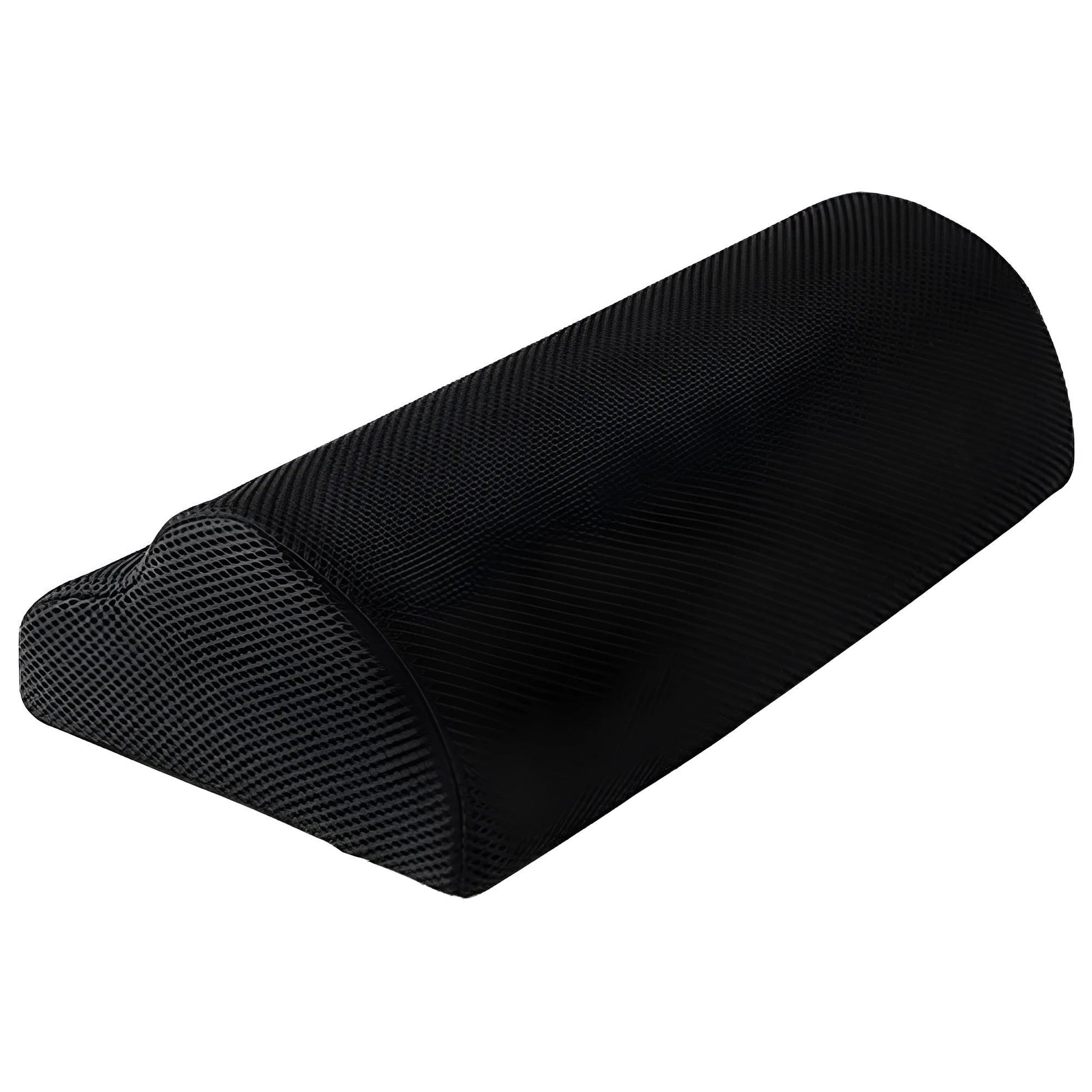 Semi-circular black foot rest pillow 40x20x10cm on floor under desk