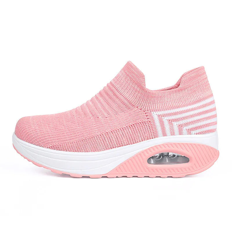 Women's slip-on flying weave shoes with mesh lining and PU sole, 3-5cm middle heel, sizes 35-42.