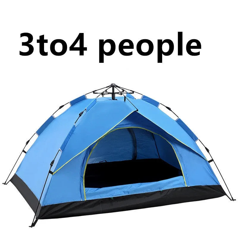 Automatic quick opening family camping tent for 3-4 people, waterproof, fibreglass poles, blue colour