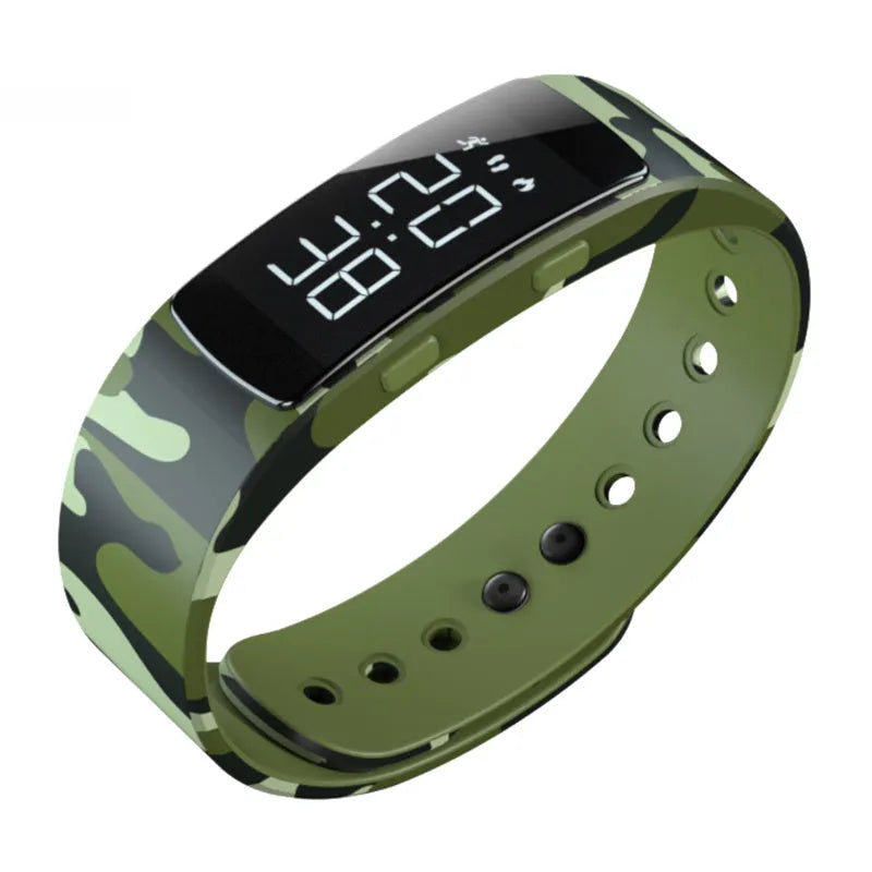 Digital sports watch with 40mm dial and 30m waterproof rating in camouflage green colour