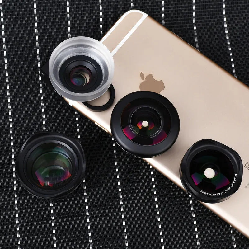 Factory direct mobile phone external lens kit with portrait, fisheye, wide-angle, and macro lenses for smartphone photography