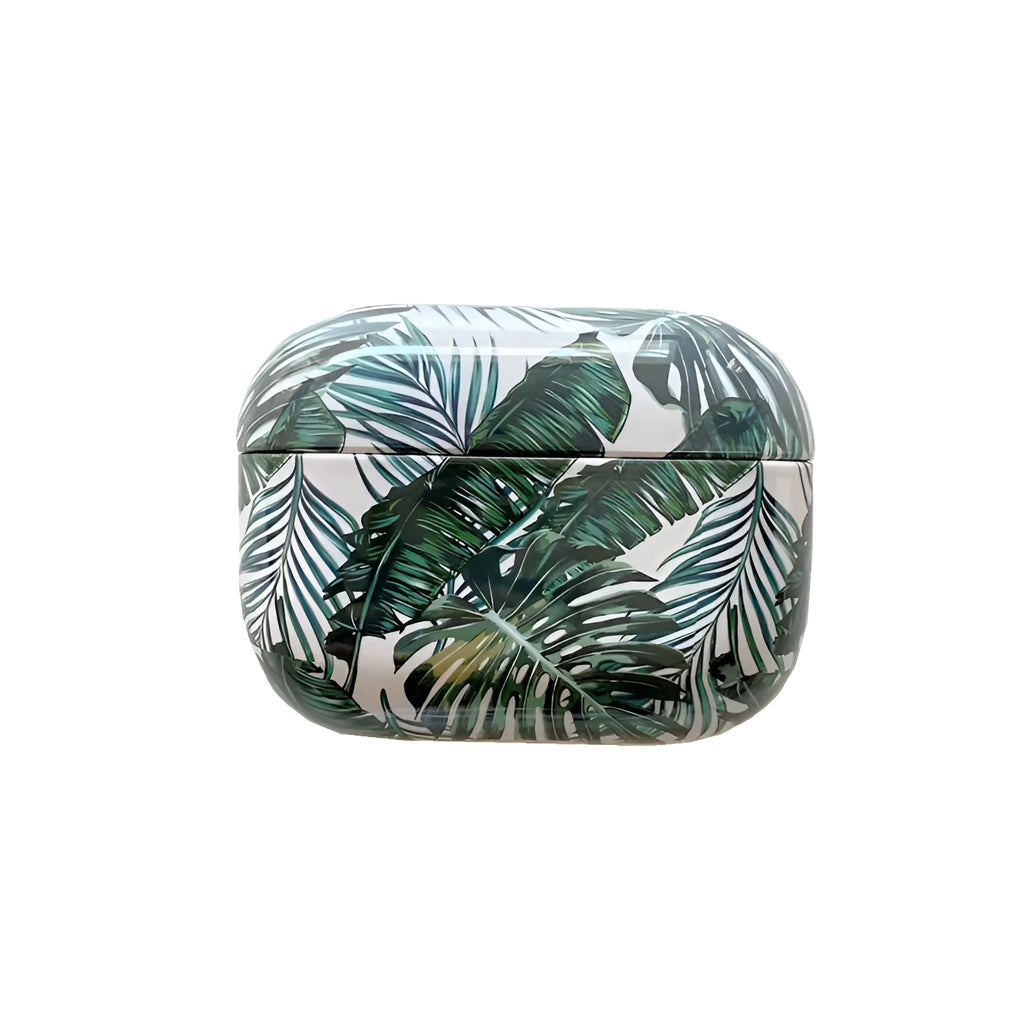 Blue and green banana leaf tropical pattern TPU silicone case for Apple AirPods.