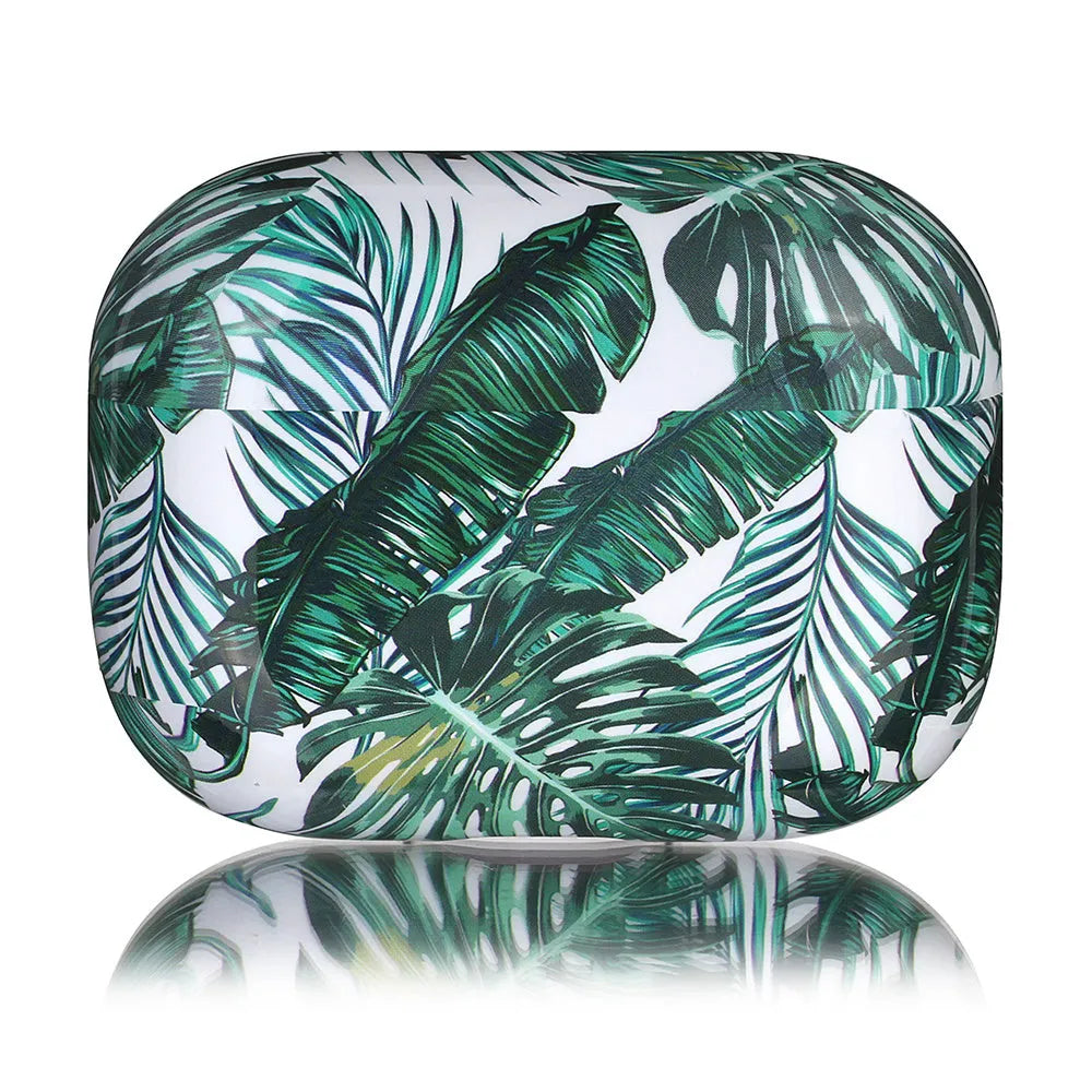 Blue and green banana leaf tropical pattern TPU silicone case for Apple AirPods.