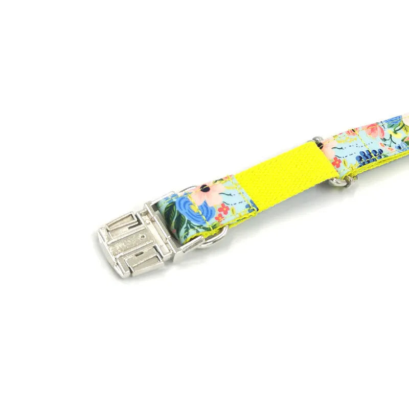 Yellow Midsummer Garden polyester dog leash and collar set on a dog, non-scalable lead, sizes XS to XL