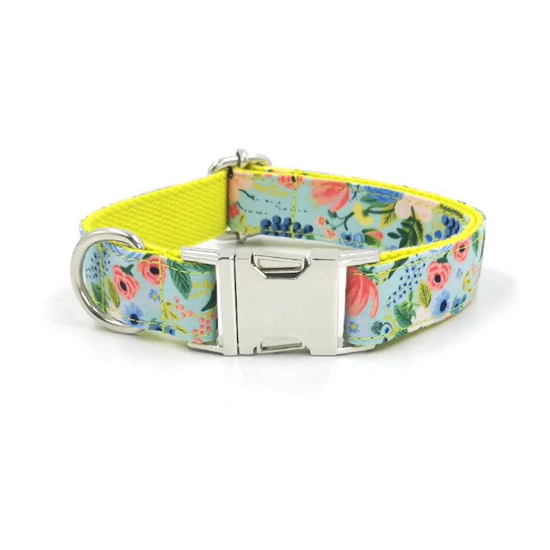 Yellow Midsummer Garden polyester dog leash and collar set on a dog, non-scalable lead, sizes XS to XL