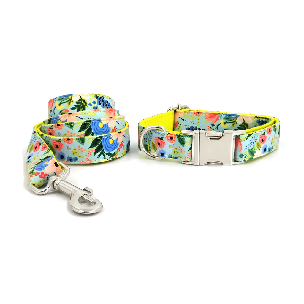 Yellow Midsummer Garden polyester dog leash and collar set on a dog, non-scalable lead, sizes XS to XL