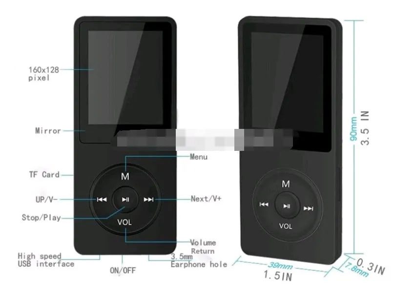Compact MP4 player with 1.8-inch colour screen showing video playback, available in black, blue, golden, green, light blue, pink, red or white