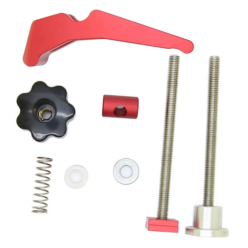 Red aluminium alloy woodworking table block slide holder with flat mouth design on workbench