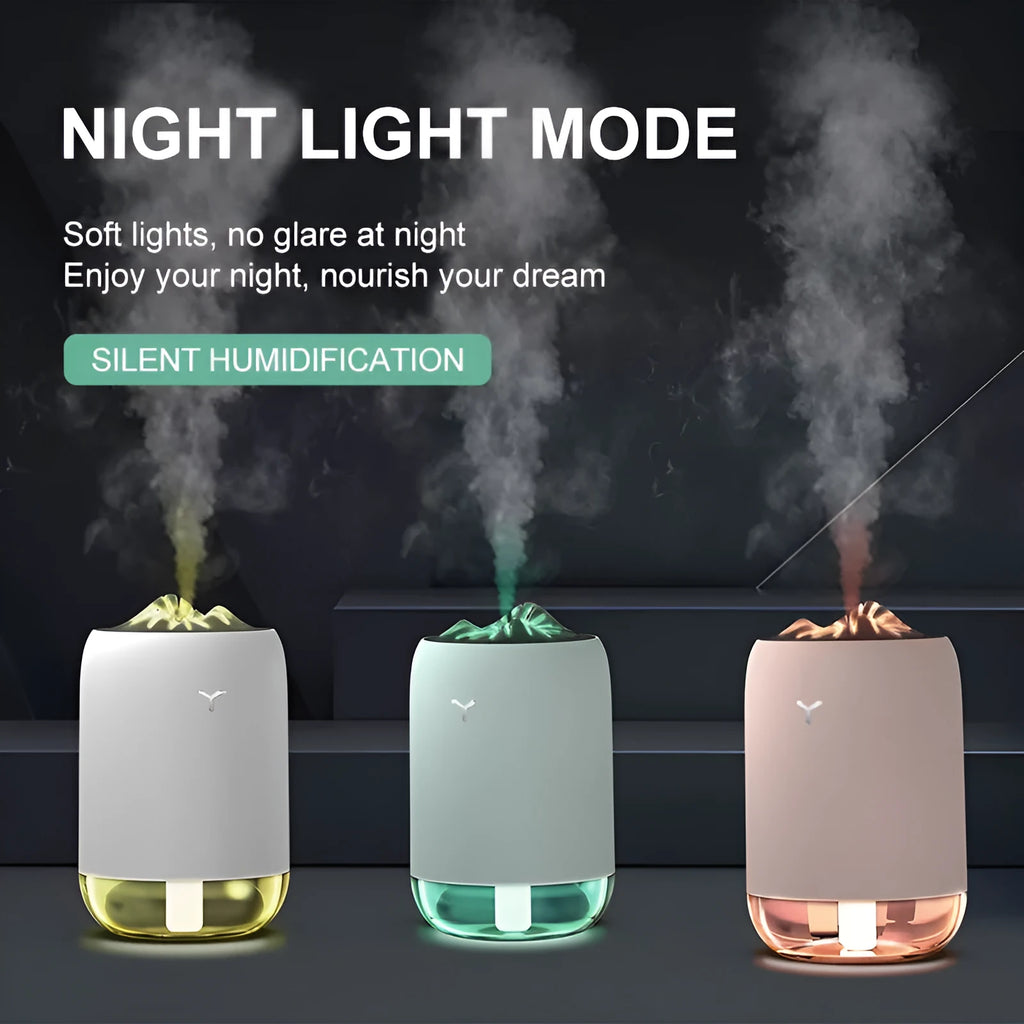 Mini cylindrical USB humidifier with night light in turquoise green, showing water tank and mist outlet