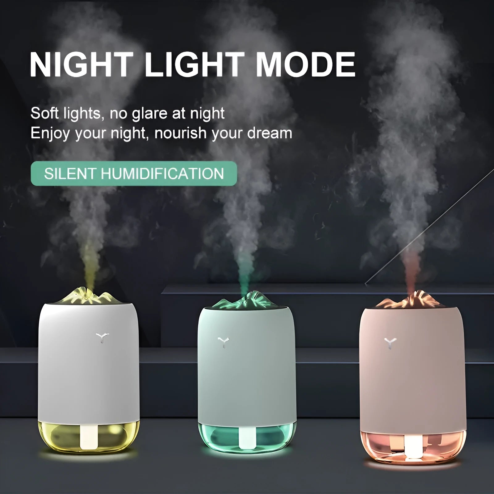 Mini cylindrical USB humidifier with night light in turquoise green, showing water tank and mist outlet