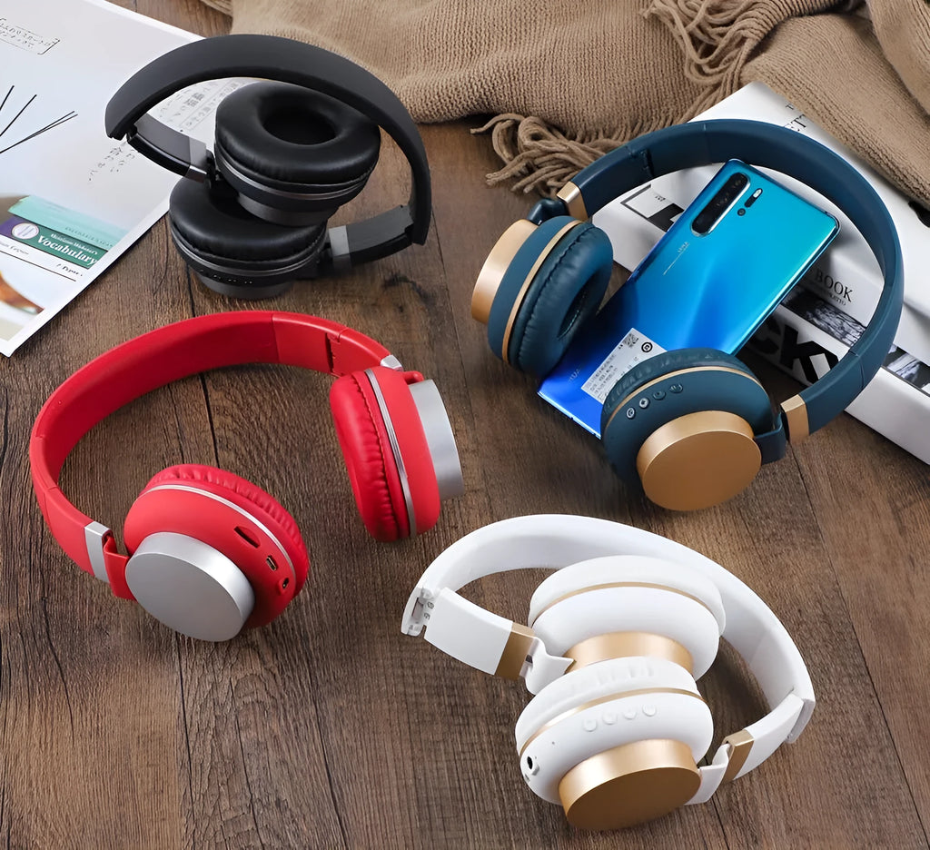 Bluetooth over-ear headset in black with earmuff cushions and built-in microphone