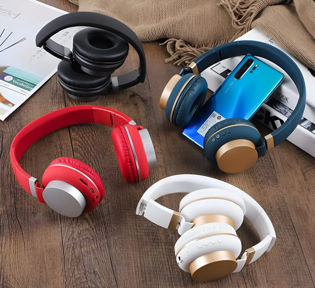 Bluetooth over-ear headset in black with earmuff cushions and built-in microphone