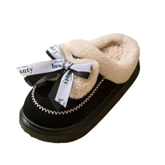 Beige suede women's half slippers with a ribbon bow and thick EVA sole.