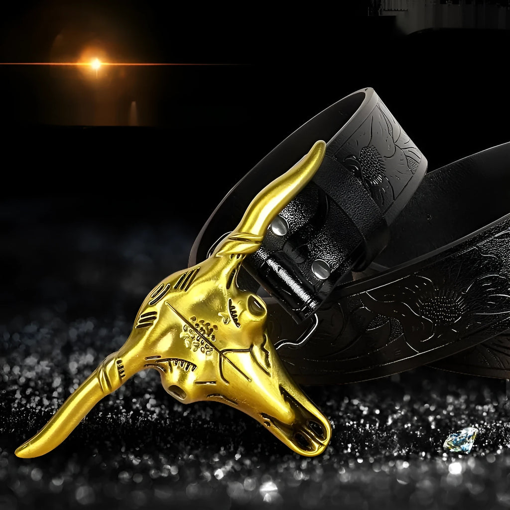 Men's brown imitation leather belt with detailed cow head alloy buckle showing carving and embossing details