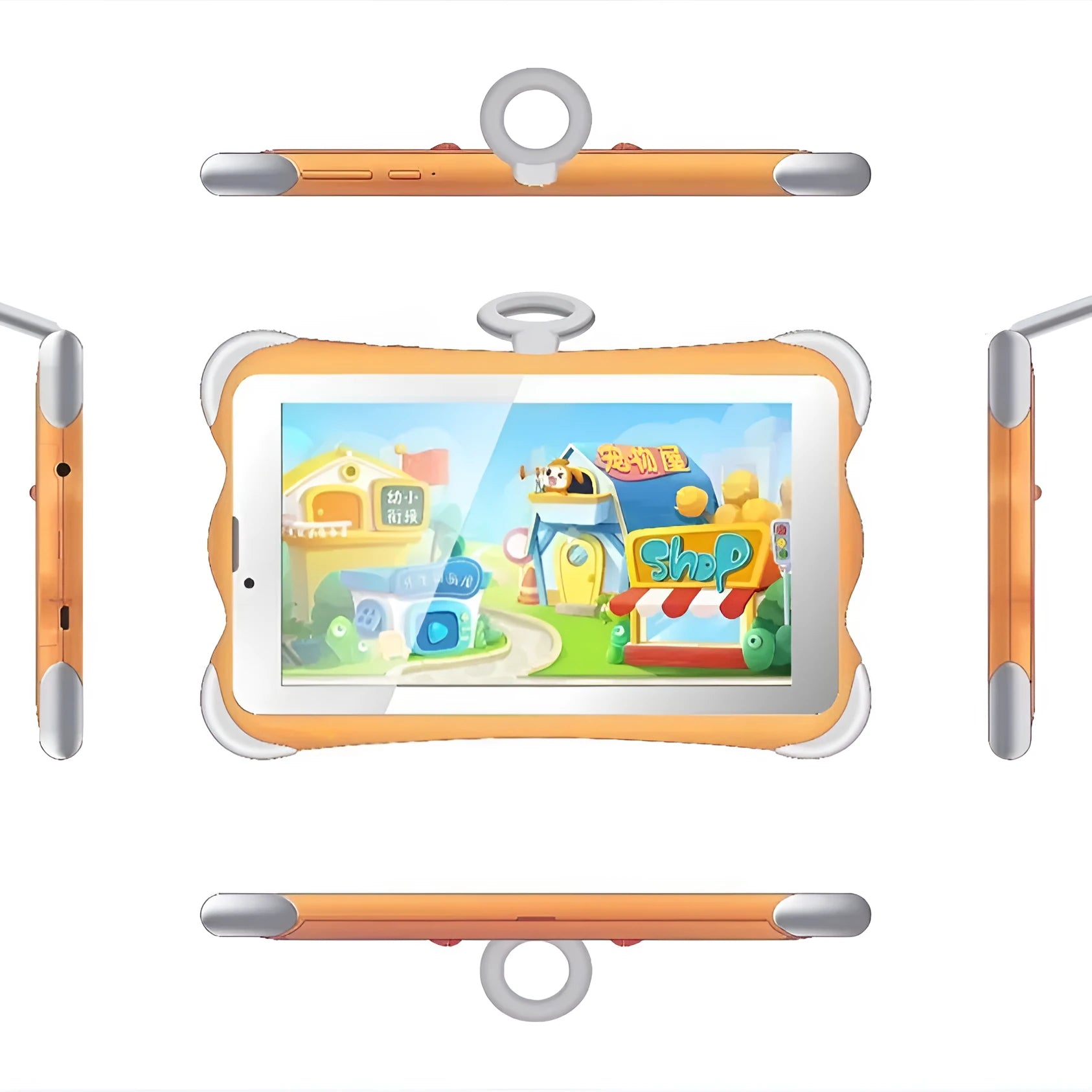 Cartoon green children's 7-inch learning tablet displayed on its included stand