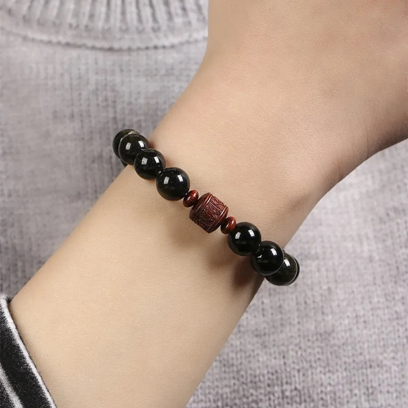 Golden obsidian vintage life bracelet with 10mm hand-woven beads and national style elements