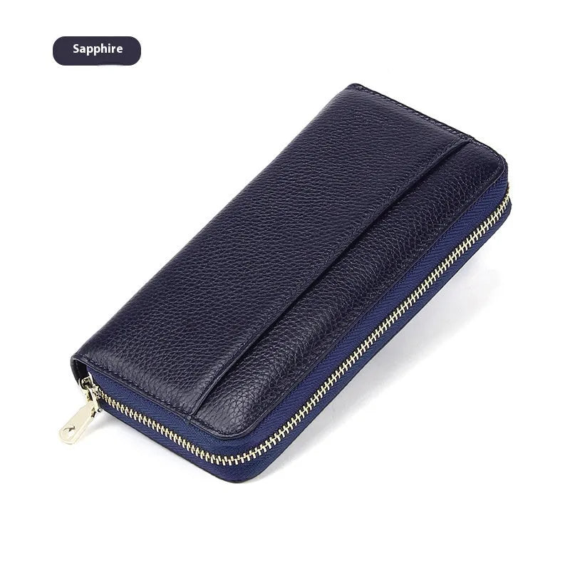 Long genuine leather women's wallet in solid colour with anti-theft card swiping feature