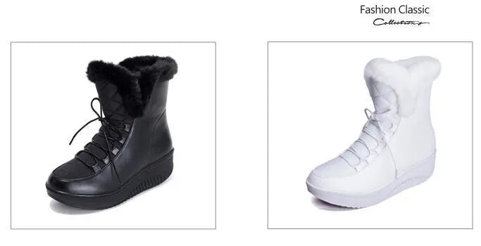 Black lace-up women's winter boots with a platform heel and plush lining on a white background.
