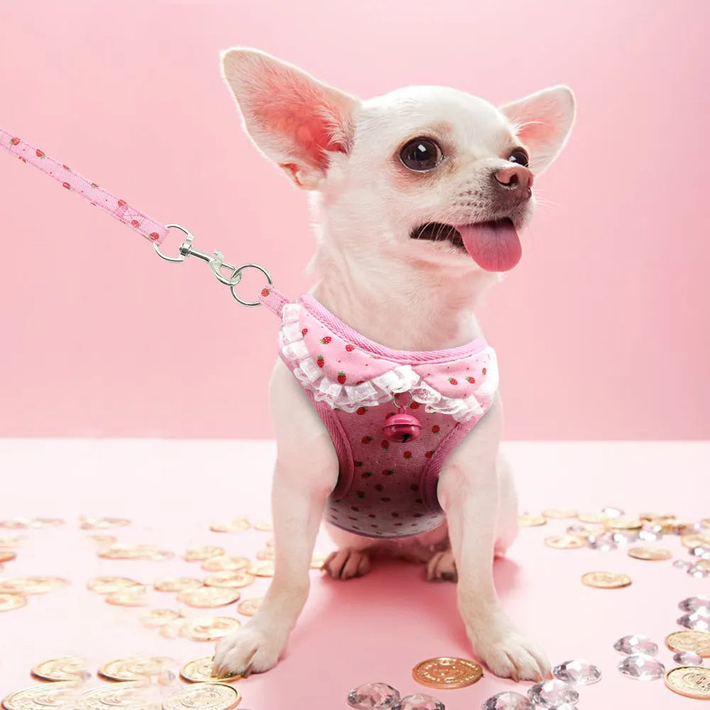 Pink bell dog chest harness in canvas and polyester mesh with 120 cm rope, sizes S to XL
