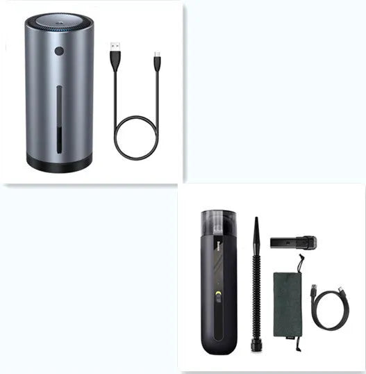 Baseus handheld car vacuum cleaner in black, white, or green next to a dust bin and blowing hose.