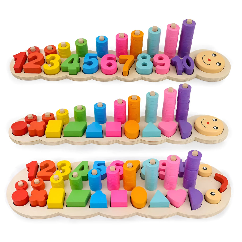 Wooden logarithmic board with colourful numbers geometric figures and beads for early childhood education
