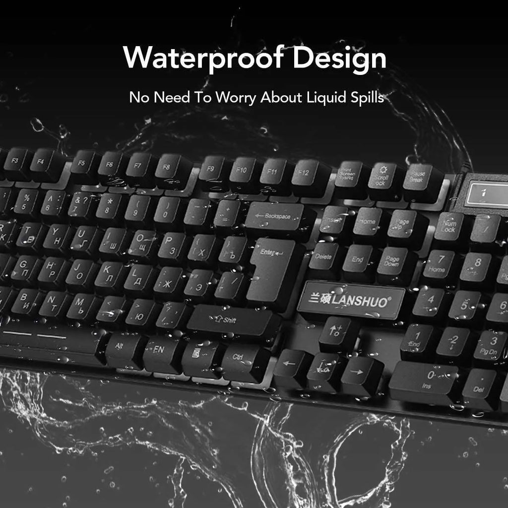 Russian USB wired backlit keyboard and mouse set in black with multimedia keys and 1200dpi optical resolution